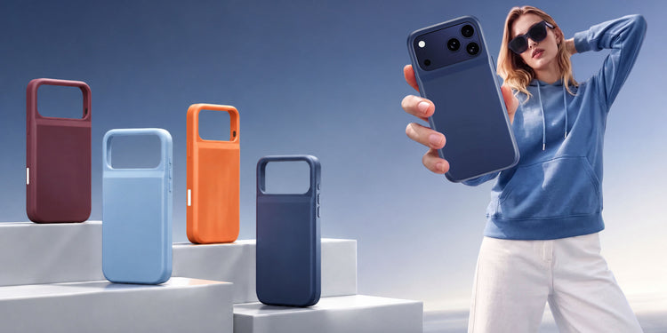 Pinkbird battery cases in four colors beside a woman holding her phone